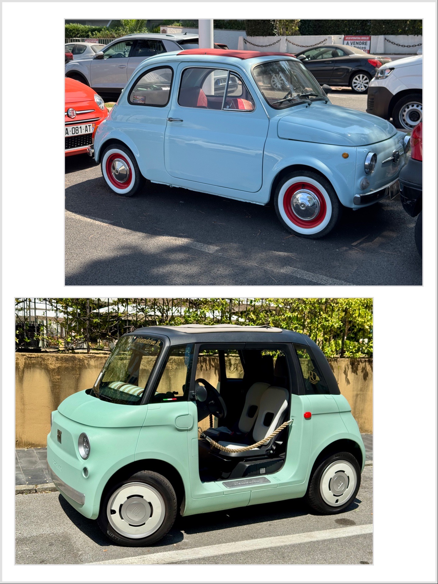 Light blue vintage Fiat 500 parked in a car park with red wheels and whitewall tires
