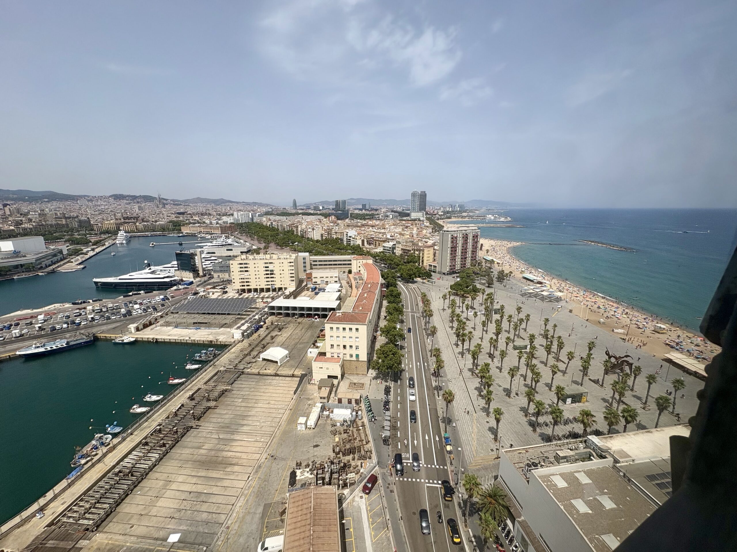 Coastal city with a marina full of yachts, a wide palm-lined road, and a sandy beach along the blue sea.