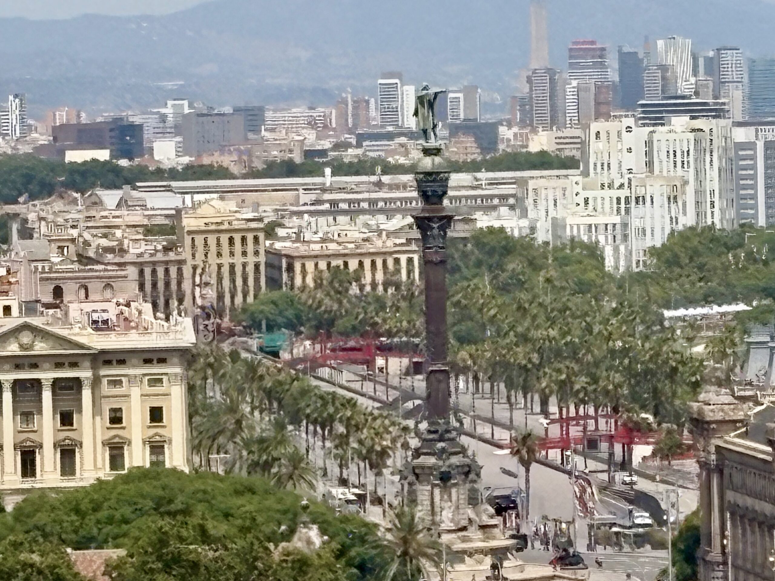 Tall statue atop a historic column in a plaza, with a mix of classical and modern buildings in the background and green trees in the foreground