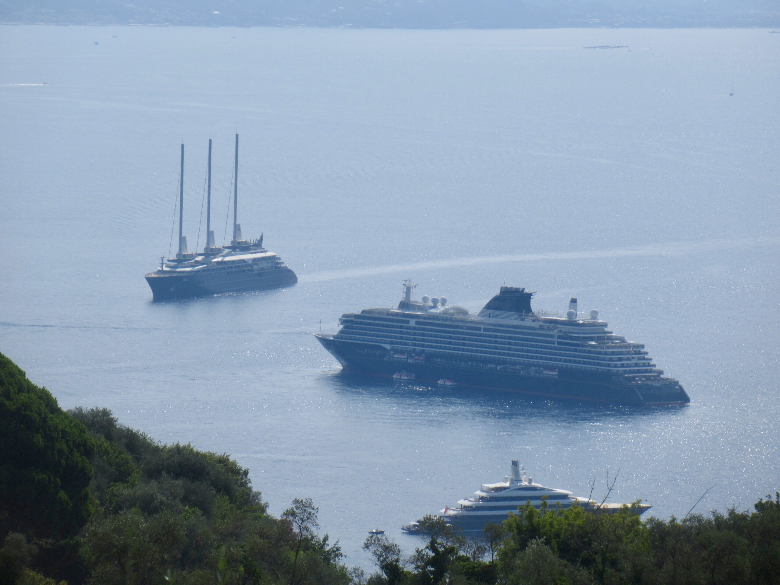 Two large cruise ships sail on a calm blue sea with green hillside in the foreground.
