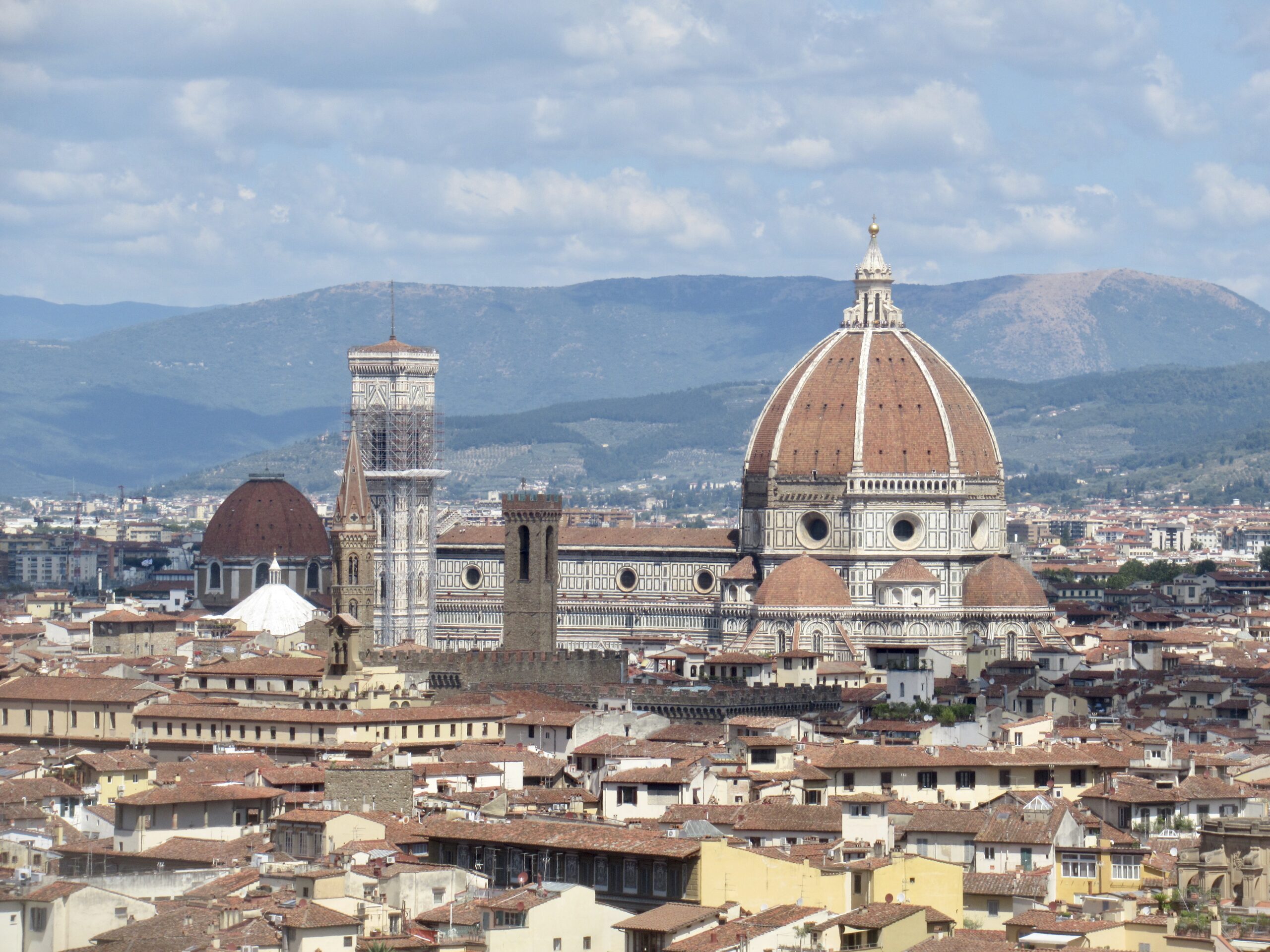 Florence cityscape with the Duomo dome and Palazzo Vecchio against rolling hills and blue sky.