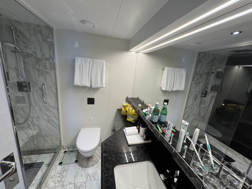 Modern bathroom with marble shower, white fixtures, and a black granite counter cluttered with toothpaste, bottles, and towels on a rack above the sink mirror reflecting overhead lights.