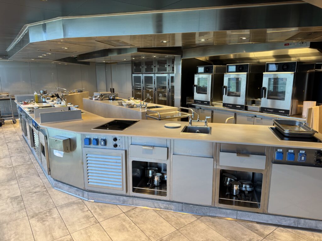 Modern commercial kitchen with stainless steel counters, multiple ovens and ovens with glass doors along the back wall, and a large stainless vent hood overhead
