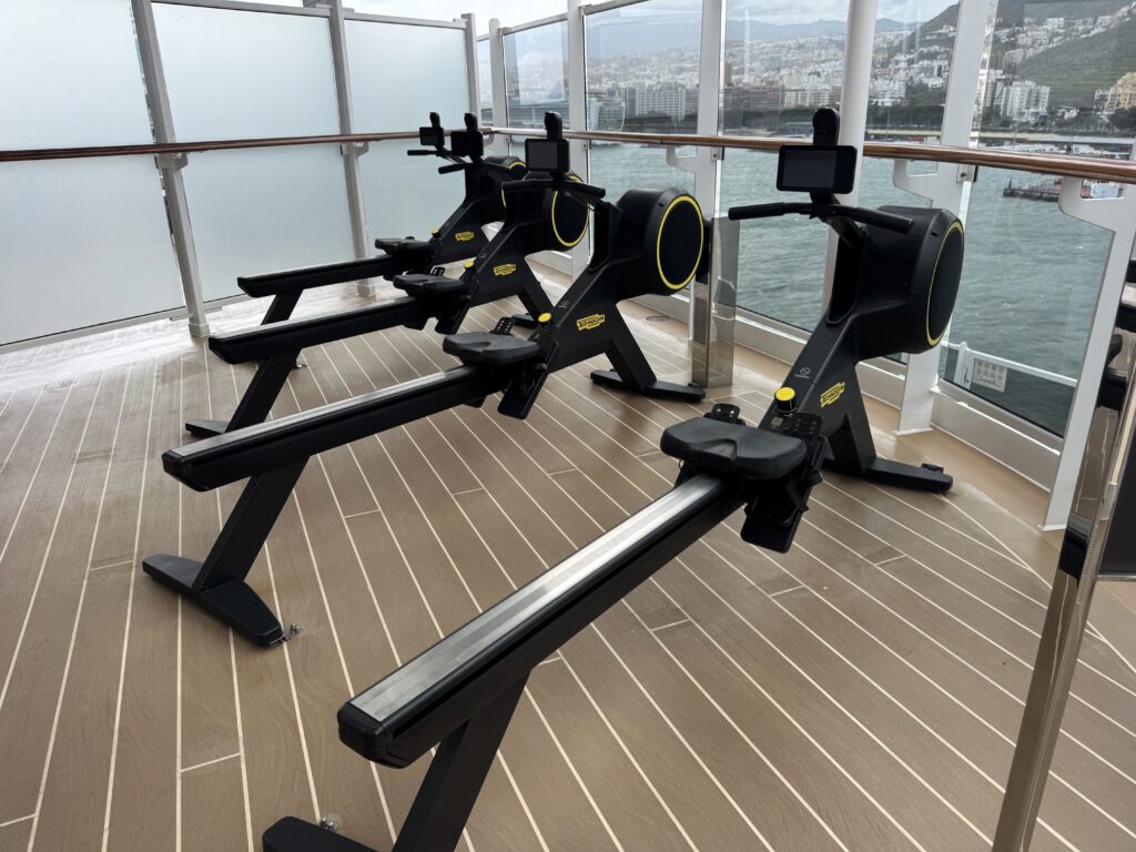 Rowing machines on a ship’s deck gym facing glass walls with water beyond and a city in the distance.