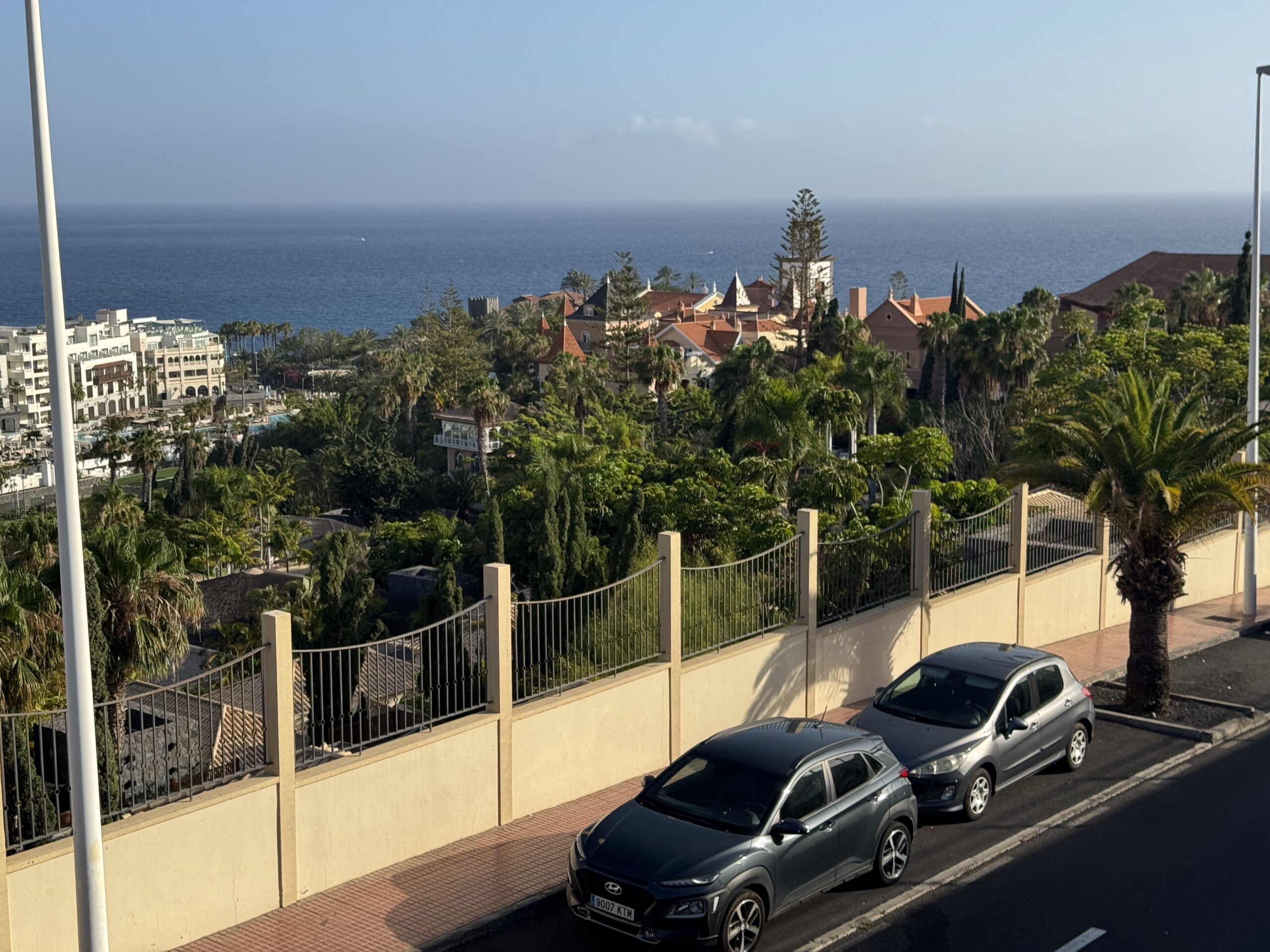 Row of parked cars along a sunny coastal street, beige wall and iron railing in foreground, with palm trees and red-roofed buildings and the blue ocean beyond.