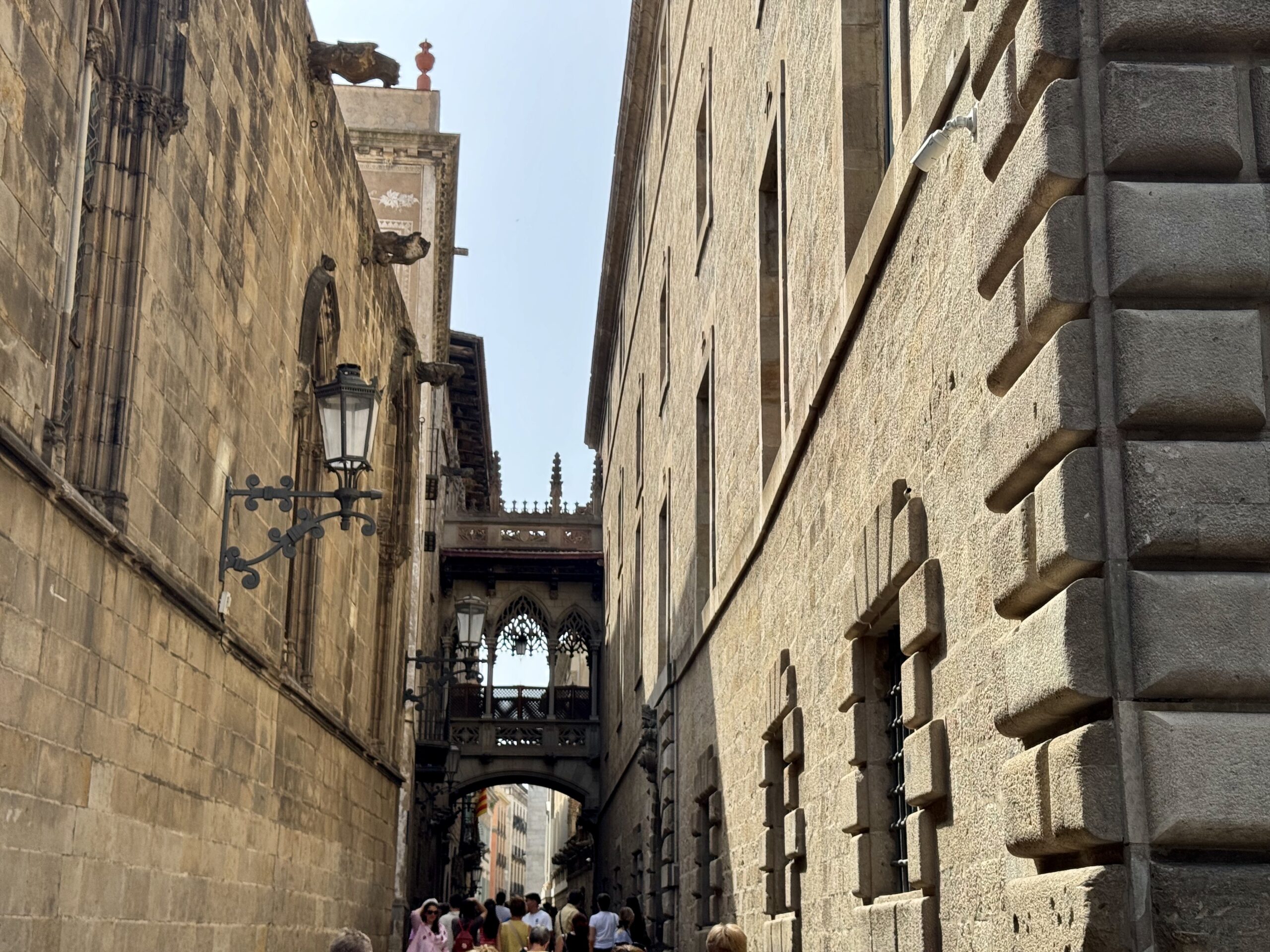 Narrow historic stone alley between tall buildings, with a decorative archway visible at the far end and pedestrians walking below