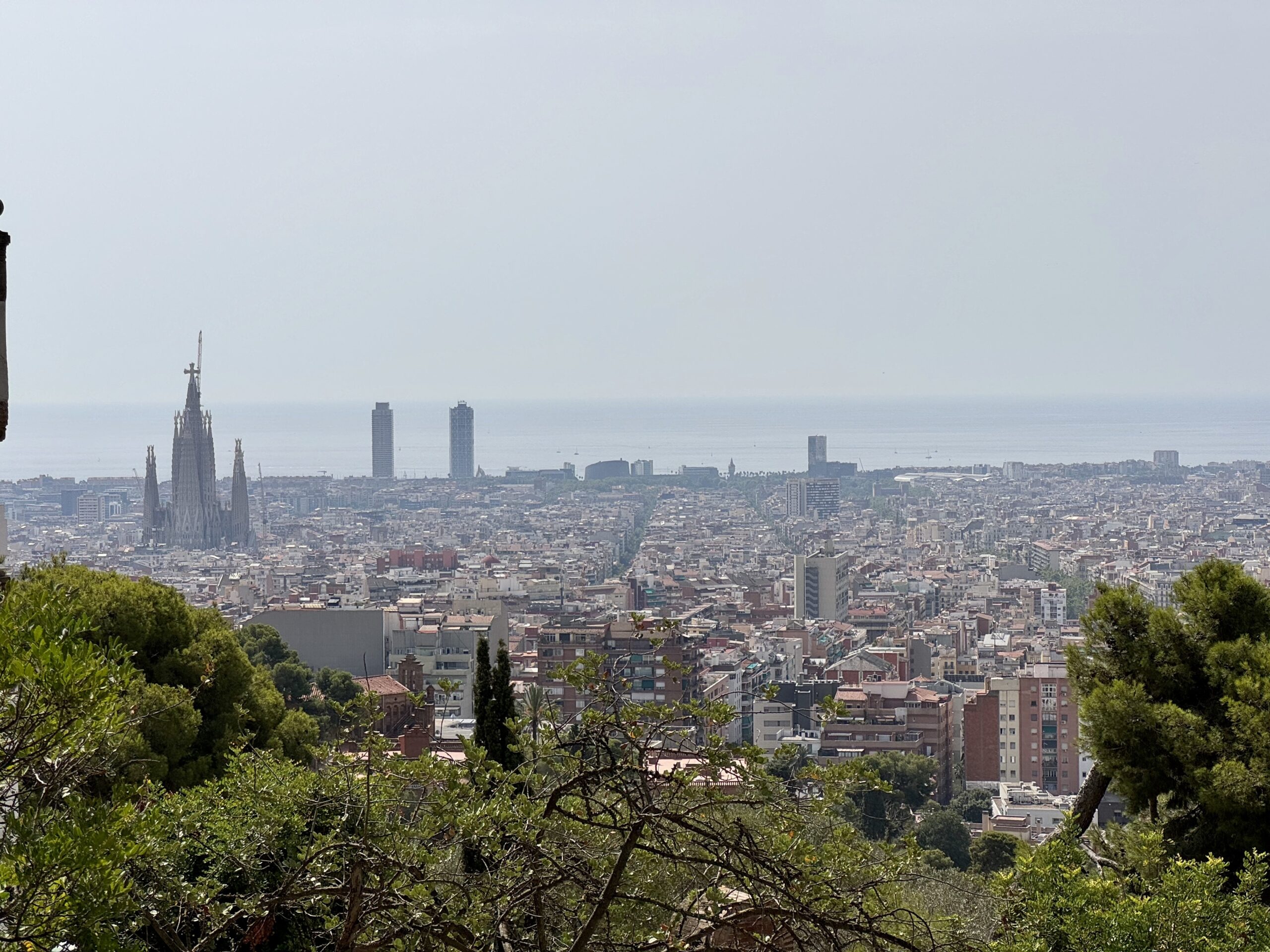 Barcelona skyline with the Sagrada Família spires on the left, high-rise buildings by the coast, and the sea in the distance; foreground greenery frames the view.