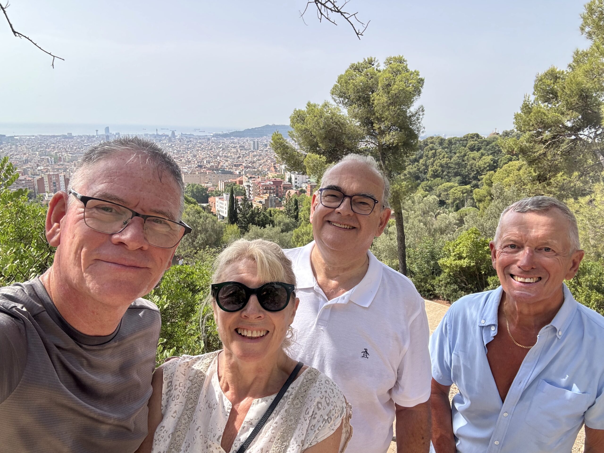 Four adults smiling for a selfie on a sunny hillside, with a cityscape and distant sea in the background, and trees around them.