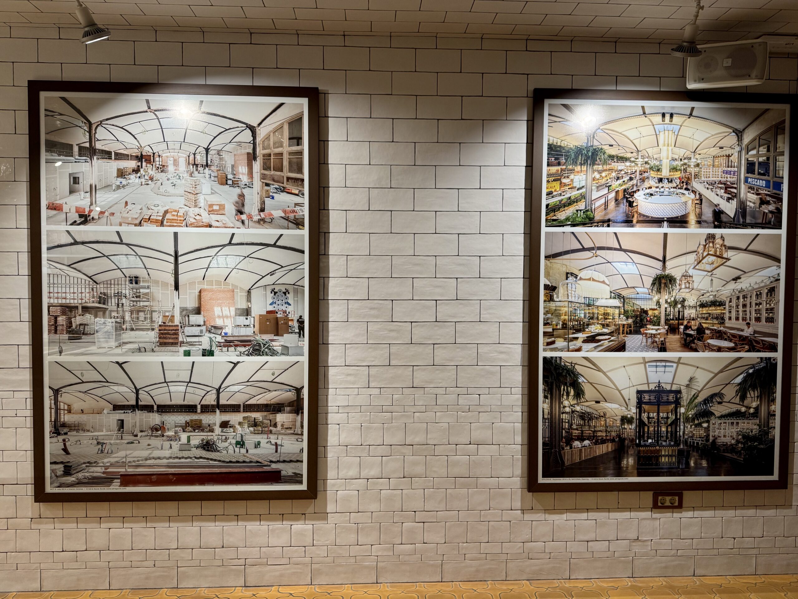 Two framed photographs on a tiled wall: left shows a construction site, right shows a busy indoor market hall.
