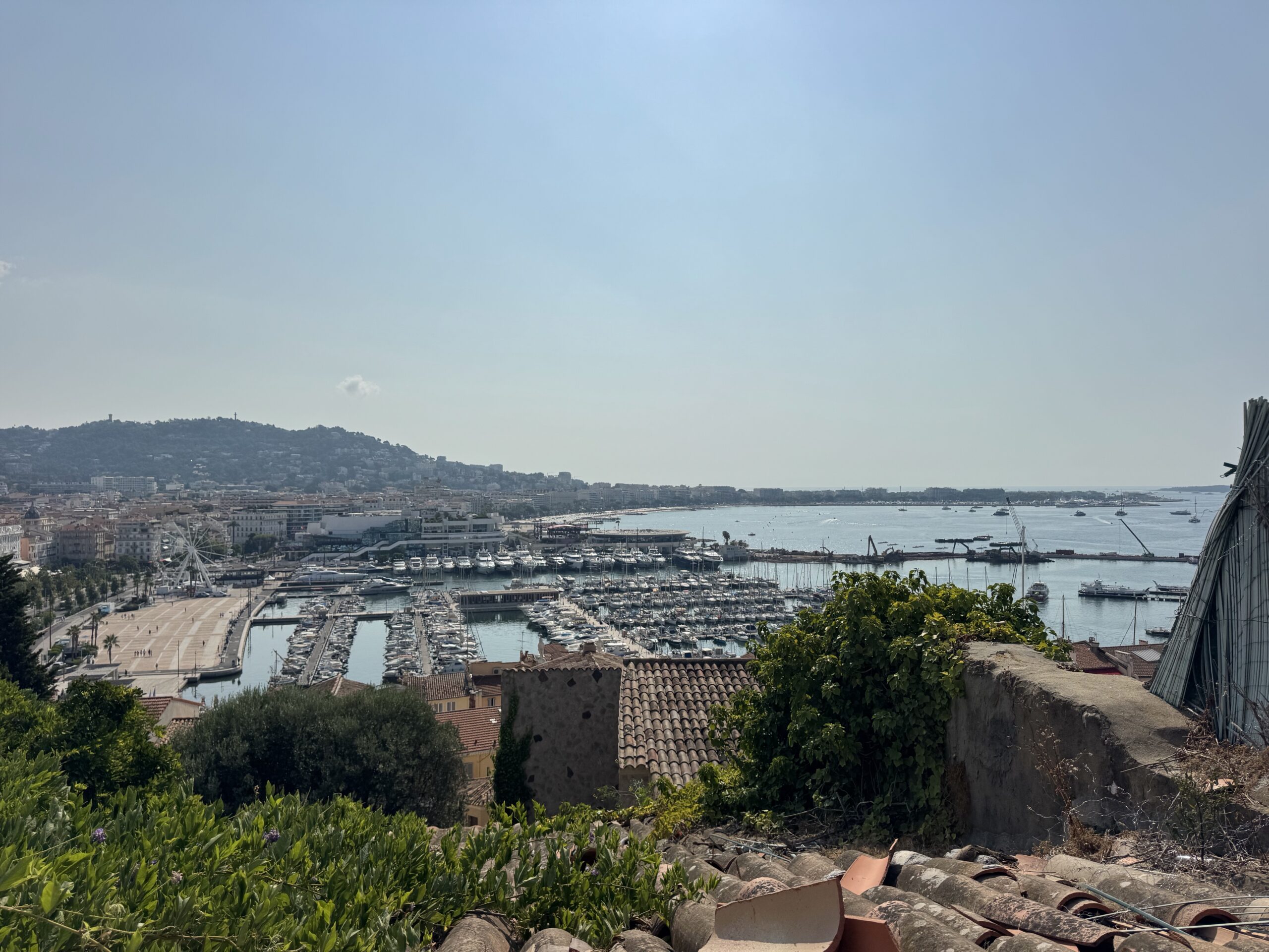 Coastal town with a large marina filled with boats, hillside buildings in the background, and blue sky.