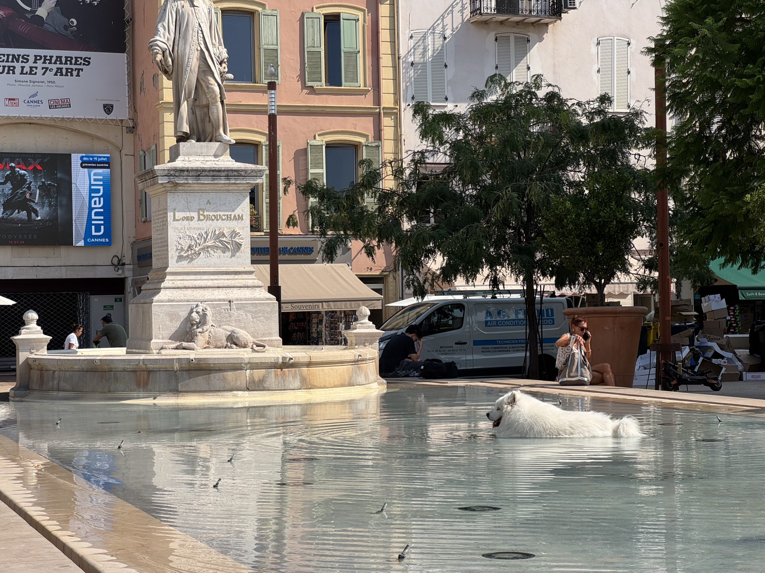 White fluffy dog lounging in a shallow fountain pool in a town square with a statue pedestal and pastel buildings behind it.