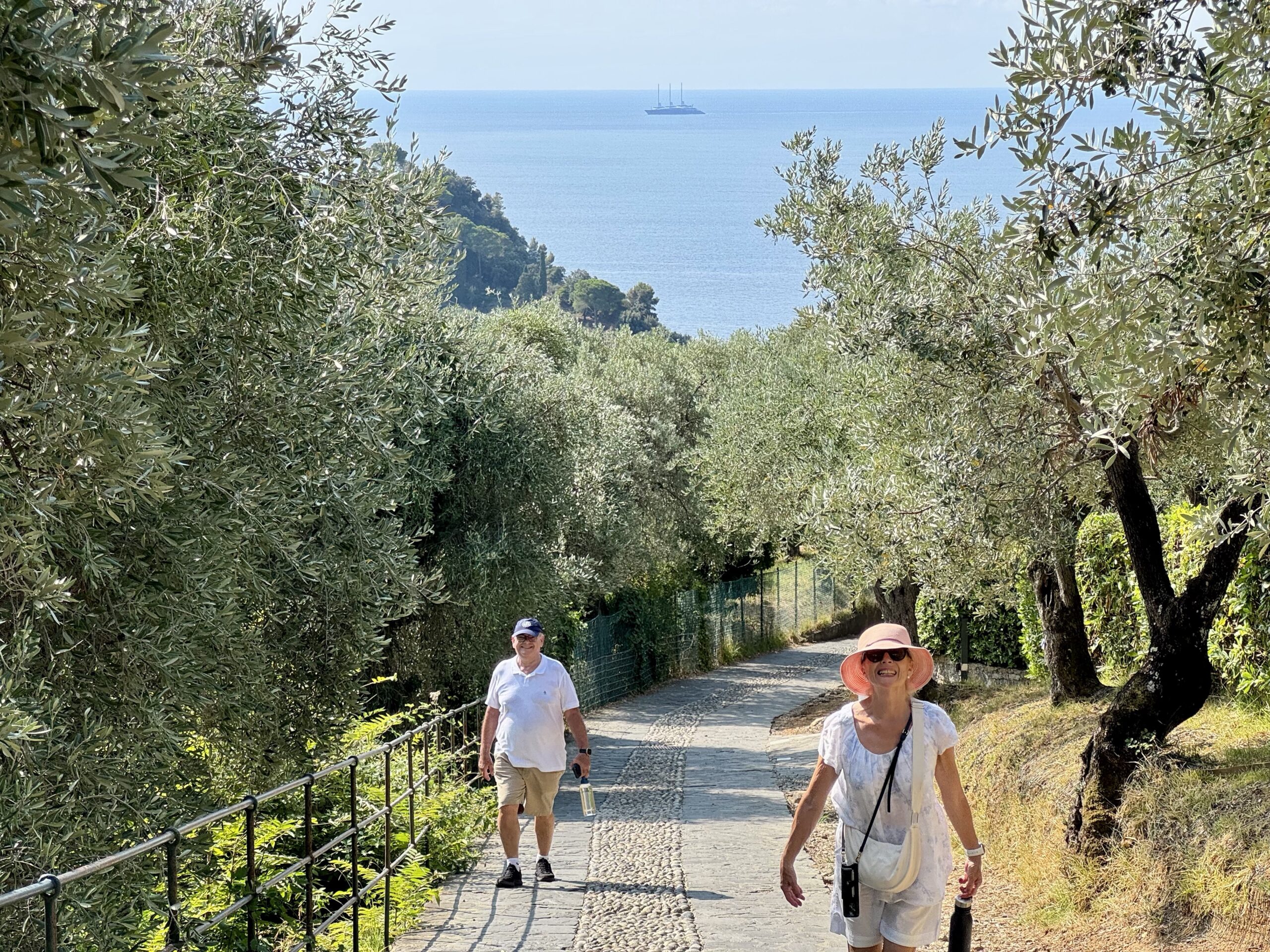 Two people wearing hats walk along a cobblestone path through an olive grove with the sea in the distance.