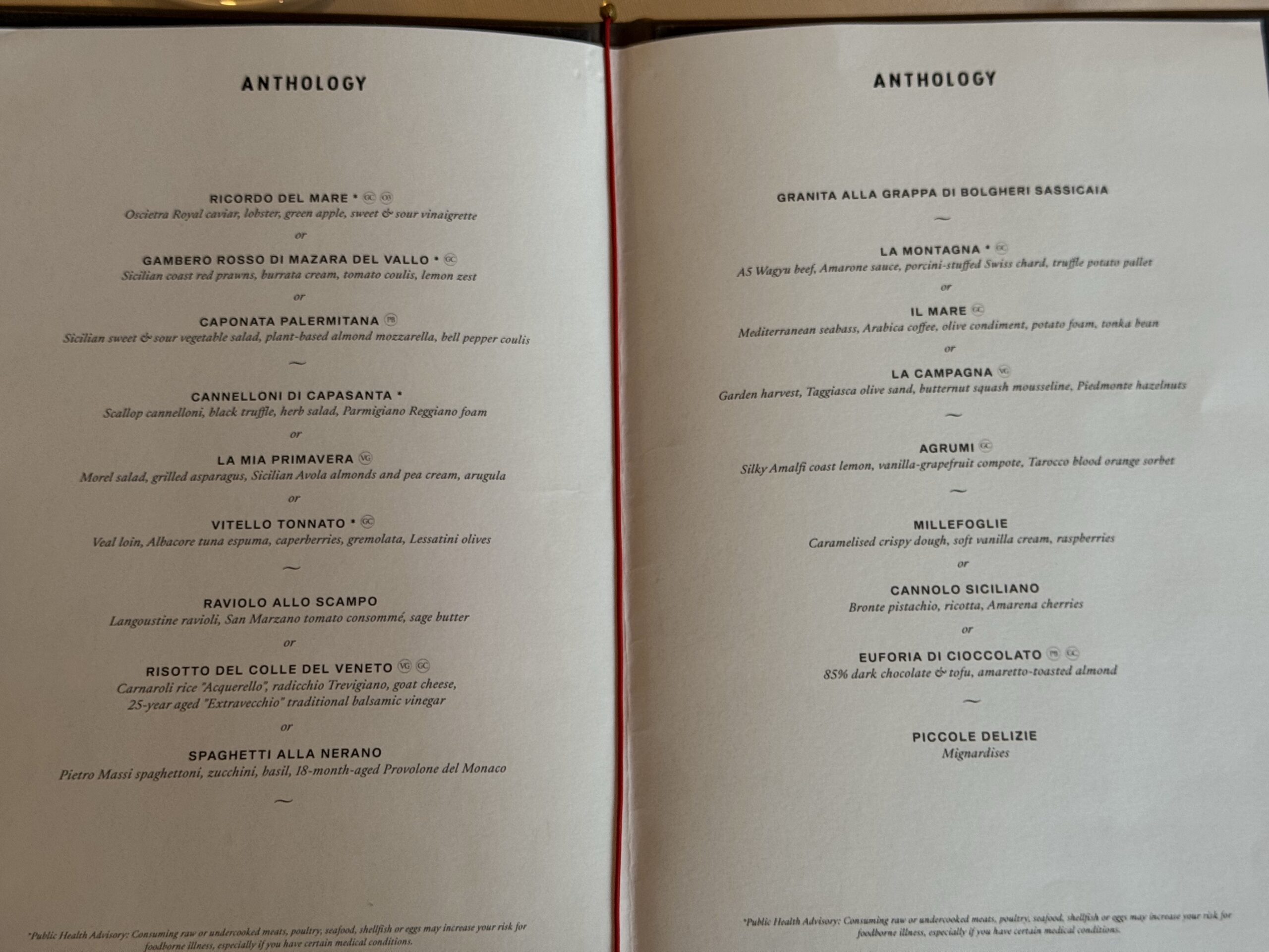 Open two-page menu spread labeled ANTHOLOGY, showing Italian dish names and brief descriptions.