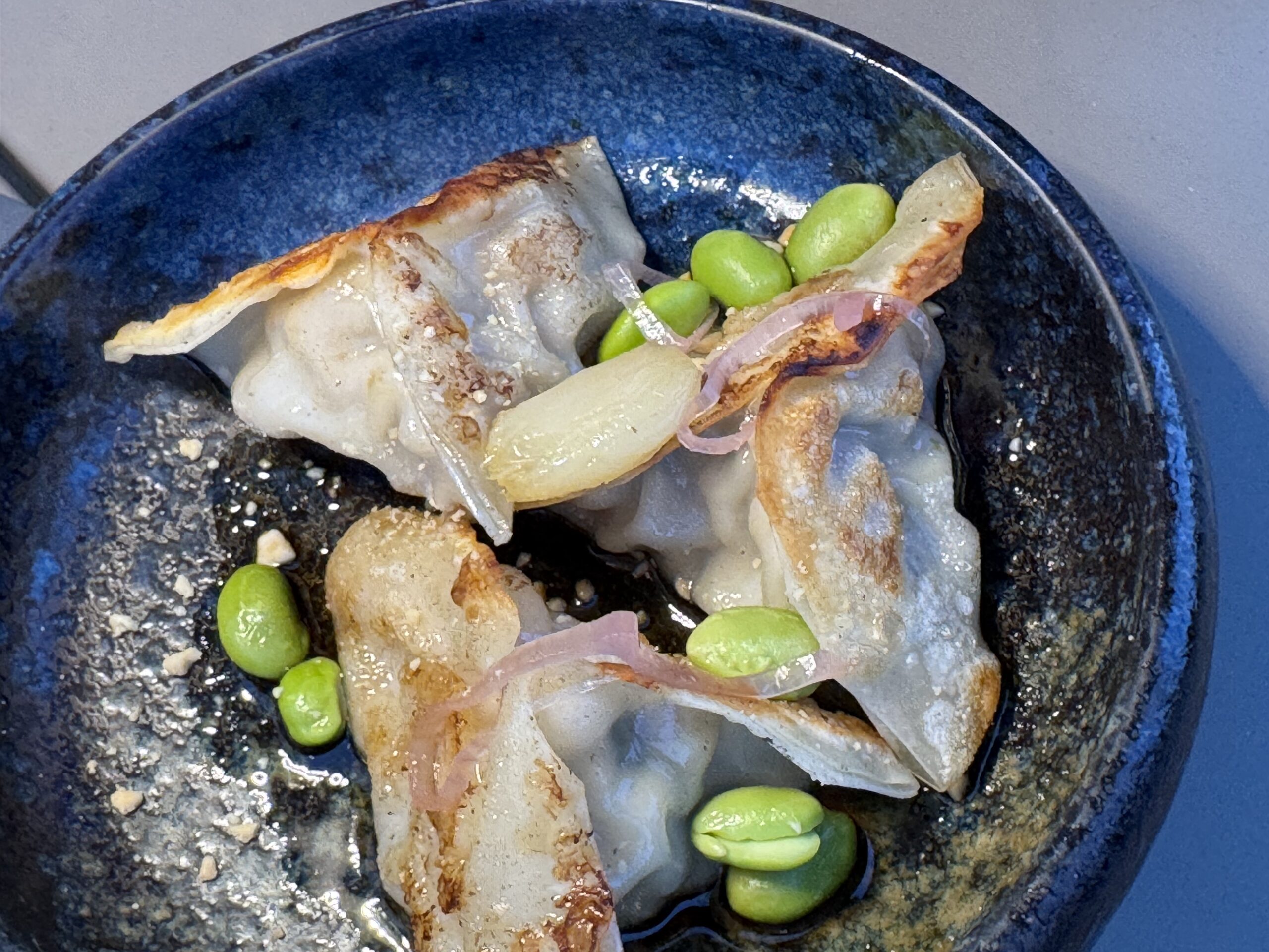 Blue ceramic bowl with fried dumplings and bright green edamame beans in a rustic dish.