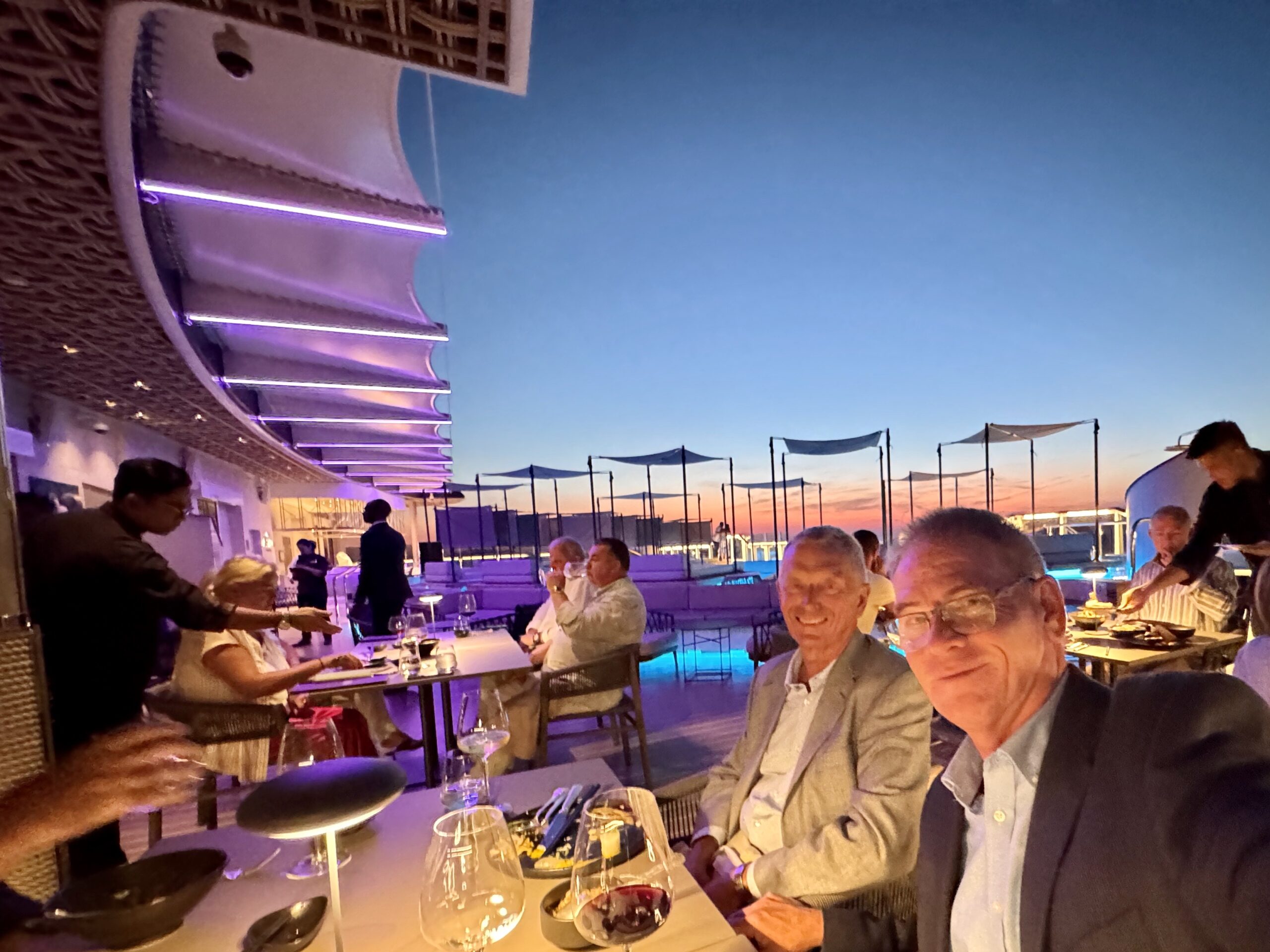 Outdoor rooftop dinner party at dusk with purple lighting and guests seated at tables with wine glasses and platesedible? (rephrase) No—corrected: Outdoor rooftop dinner party at dusk with purple lighting and guests seated at tables with wine glasses and plates.