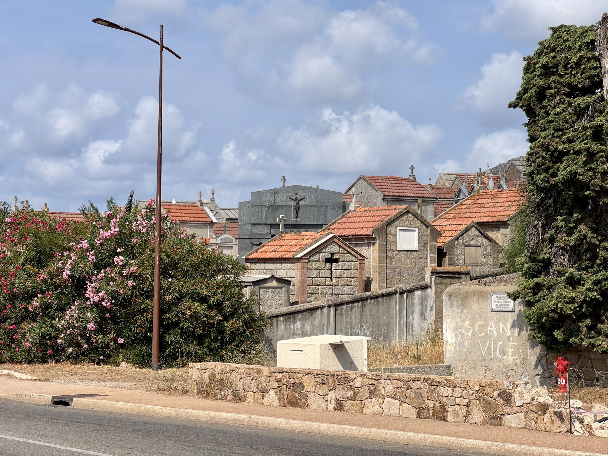 Cemetery street view with gray mausoleums along a stone wall, pink flowering bushes, a rusted street lamp, and a blue sky above.