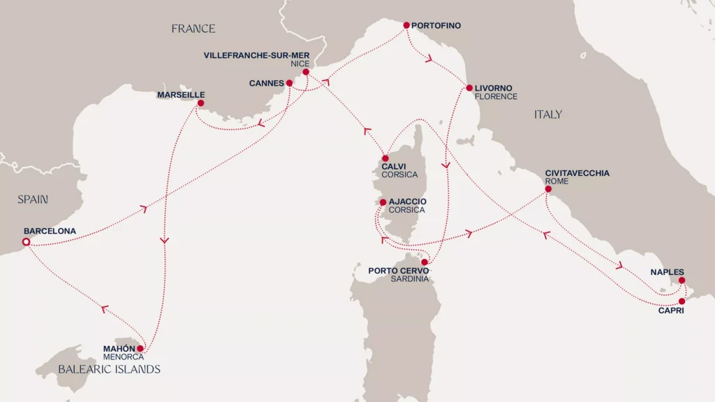 Map of the western and central Mediterranean showing red dotted travel routes connecting Barcelona, Marseille, Cannes, Nice, Portofino, Livorno, Civitavecchia, Naples, Capri, Sardinia’s Porto Cervo, Ajaccio and Calvi in Corsica, Mahón in Menorca, and the Balearic Islands.